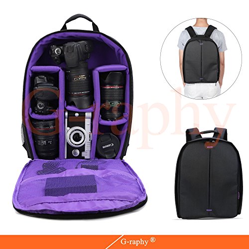 Camera Bag Camera Backpack Waterproof 16" X 13" X 5" with Rain Cover for DSLR Cameras, Lens, Tripod and Accessories (Purple, Large)