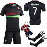 Soccer Kids 2016/2017 Football Soccer European Cup Ronaldo Away Portugal Kids Jersey & Shorts & Socks With Free Key Chain (11-12 Years, Black)