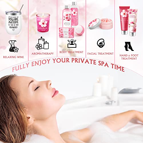 Bath and Body Works Gift Set with 14 Pcs Mother's Day, Birthday Gifts and Cherry Blossoms Self Care Package, Relaxing Spa Gift Basket for Women