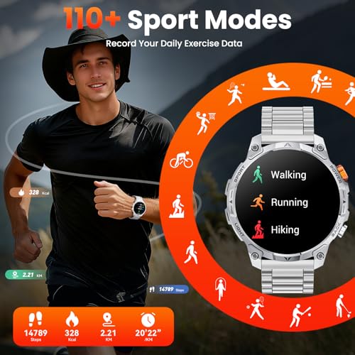 Haulvean Men's Military Watch Battery 1000 mAh Smartwatch Two Bracelets 1.75 Inches HD Screen LED Flashlight 100+ Sports Modes Health Monitoring Bluetooth Calls for iOS Android (Silver)