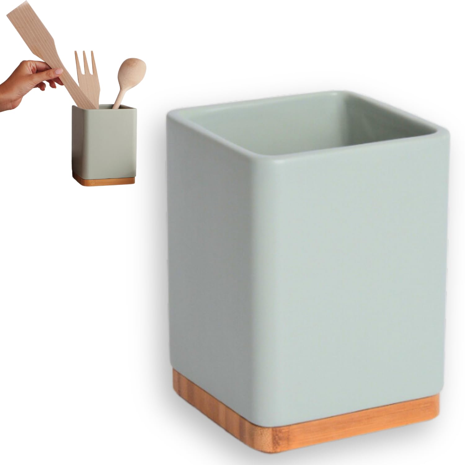 KOOK TIME Ceramic Utensil Holder with Bamboo Base | Square Kitchen Utensil Pot for Ladles, Spatulas and Cutlery | Matt Sage, 10.5 x 10.5 x 15 cm