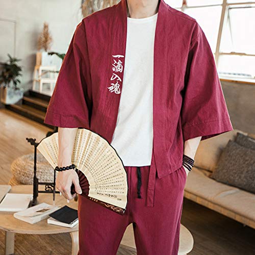 Tomppy Men's Japanese Kimono Cardigan Jacket Yukata Casual Cotton Linen 3/4 Sleeve Open Front Cloak Coat Wine - Thumbnail 3