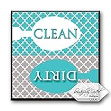 Clean Dirty Dishwasher Magnet Sign for Dishes - Elegant Quatrefoil Moroccan Trellis Modern Pattern - AQUA BLUE/GREY - 2.5 x 2.5 - Housewarming, Bridal Registry & Gag Gift Idea Stocking Stuffers