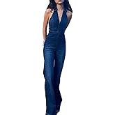 SEMATOMALA Women's Sleeveless Y2K Jean Jumpsuit Flared Leg Pants Romper Halter Tank Top Denim Catsuit Maxi Overall