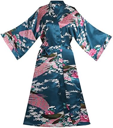 ELLENWELL Women Kimono Robe Silk Pajamas Loungewear Peacock Satin Nightwear