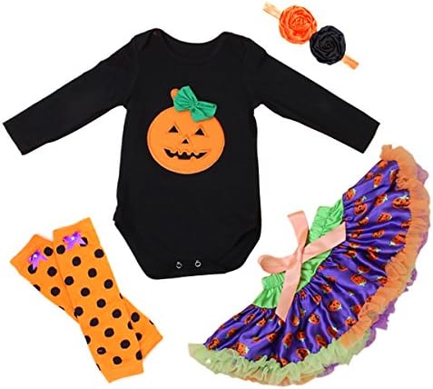 WANTU 4Pcs Baby Girls Halloween Long Sleeve Onesie Tutu Skirt Pumpkin Bodysuit (L(6-12 month), Style-2)