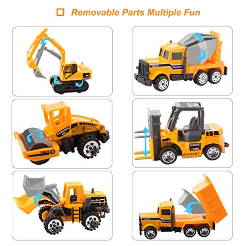 Unihoh Kids Construction Toys - Kids Toy Construction Trucks, 6 Pcs diecast Construction Vehicles Toddlers for Boys Small Kid with 10 Traffic Sign, Mini Engineering Trucks Set for Age 3 Years and Up