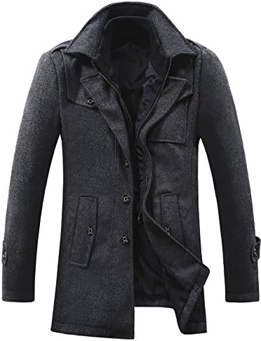 GARSEBO Men's Wool Blend Pea Coat Stand Collar Windproof Jacket