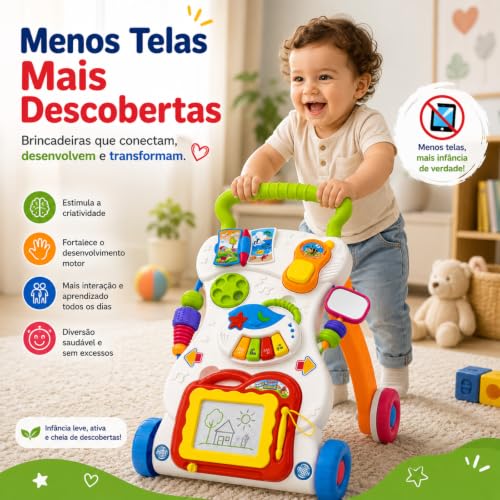 Andador Educativo Musical para Bebê 2 em 1, 12 Meses a 3 Anos | Piano, Lousa Mágica, Telefone, Atividades Interativas, Centro de Atividades para Primeiros Passos