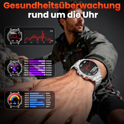 Men's Military Smartwatch with 1000 mAh Battery/2 Bracelets/1.75 Inch HD Large Display Sports Watch/110+ Sports Modes Fitness Watch/LED Torches/24/7 Heart Rate/Sleep Monitor/IP68 Waterproof for iOS