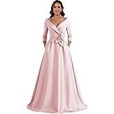 Xuzey Satin Mother of The Bride Dresses for Women Off The Shoulder Long Sleeve Formal Wedding Guest Dress with Pockets