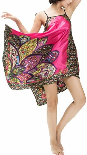 SUITEASY Women Satin Long Nightgown Sexy Loungewear Bohemian Nightdress (Rose Red)