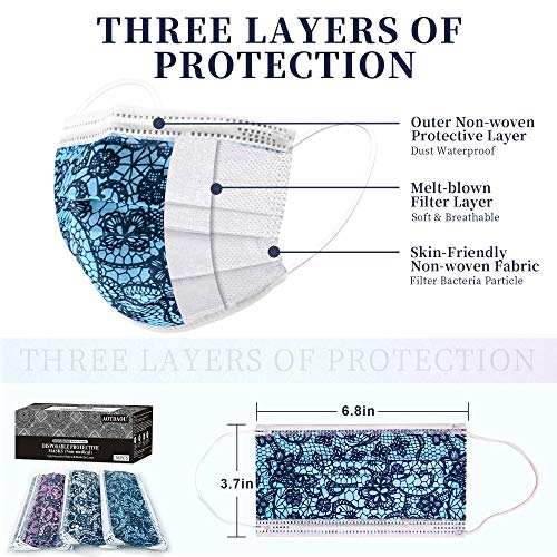 Lace Disposable Face Masks, 3 ply Earloop Printed Lace Face Masks, Soft Fashion Masks for Women with Designs, Fancy Patterned Breathable Face Mask with Adjustable Nose Wire - 30PCS