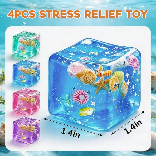 4 Pack Ice Cube Squishy Stress Ball–Soft Dough Squishy Fidget Toys,Mini Colorful Sensory Squeeze Cubes for Relaxation&Focus,Perfect for Classroom Prizes&Party Favors (4, Seashells, 1.4in)