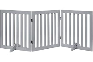 unipaws 24”H Free Standing Pet Gate for Dog, Wooden Dog Gates for Doorway, Stairs, Step Over Foldable Pet Fence for The House, Expandable Dog Barrier, Indoor Use, Grey