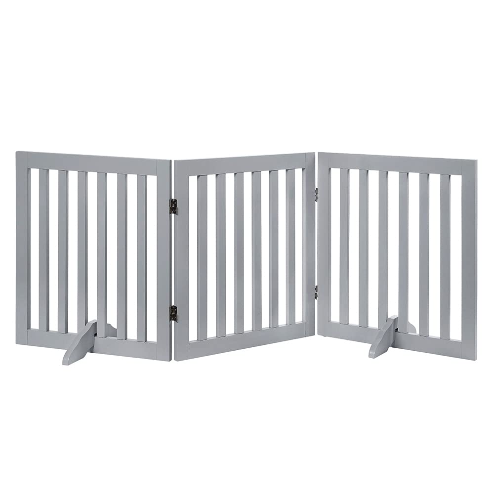 unipaws Wooden Dog Gate, Freestanding Pet Gate, Foldable Pet Fence Indoor Wood Barrier, Free Stair Gate with 2PCS Support Feet (61cm Height, 3 Panels) Light Grey