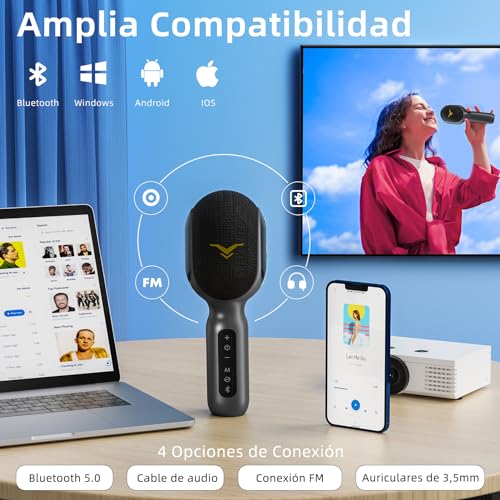Microfono Karaoke Bluetooth SingFree, 5 en 1 Micrófono Inalámbrico con Bocina y Luz para Cantar Fiesta, Mic Multiproposito para Niño Adulto Regalo, Compatible con Teléfono, PC, Tableta, FM del Coche
