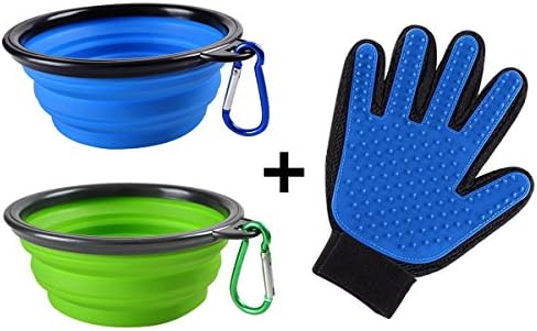 2 Pack Portable Collapsible Dog Bowl,Food Grade Silicone BPA Free,Foldable Travel Bowl Dish for Pet Dog Cat Food Water Feeding，Including Pet Hair Remover Glove - Gentle Pet Grooming Glove Brush-1 Pack