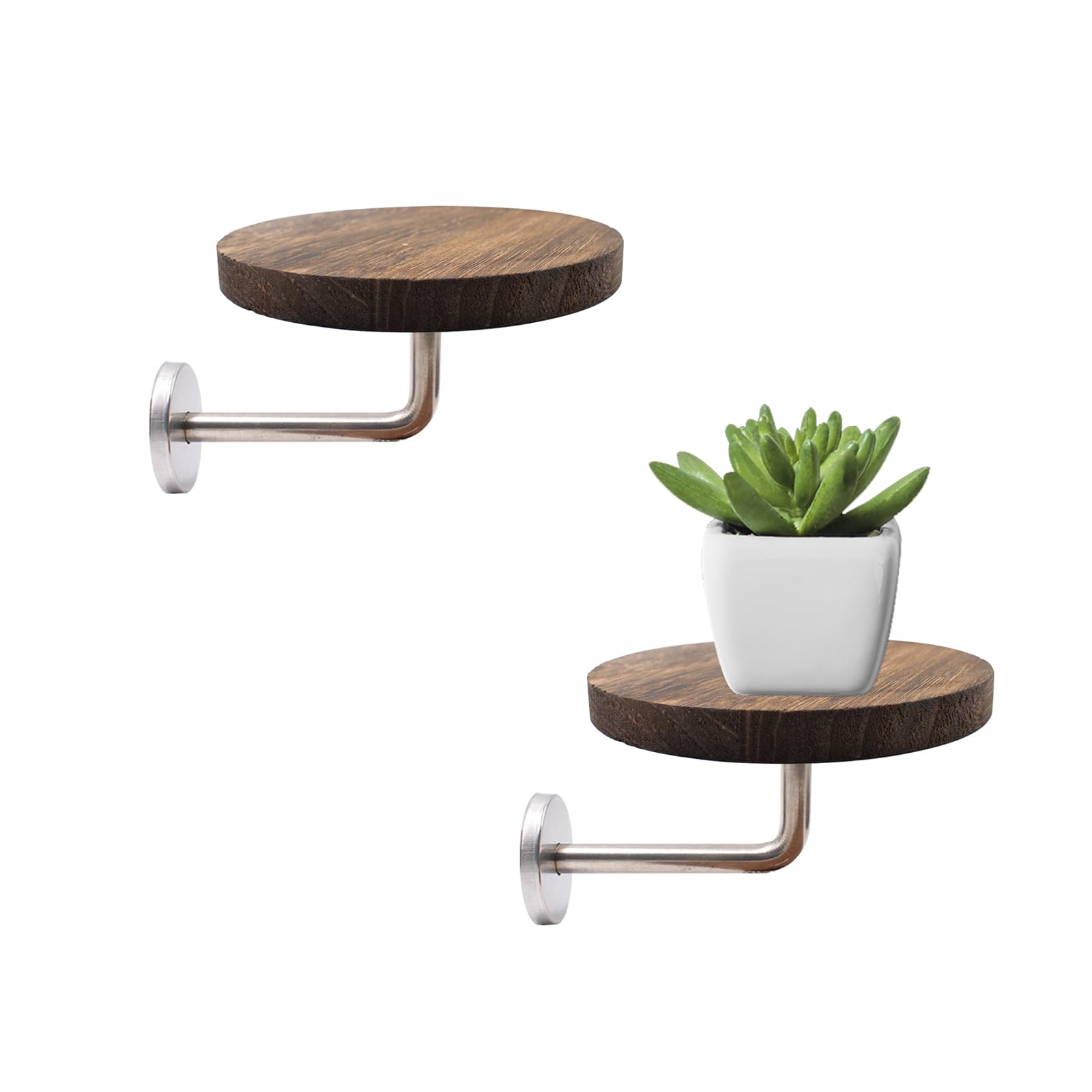 Photo 1 of 2 Sets Wall Mounted Plant Holder with Mounting Screws, 5.9 Inch Round Floating Planter Hanger (Metal Bracket and Wood Tray) for Bedroom Living Room Porch Balcony Wall Décor