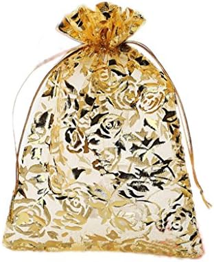 Riverer 100 pcs Gold Roses Pattern Organza Gift Bags, 9x12cm (3.6x5 Inches)