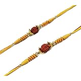 SWARA ONLINE Set of 2 Yellow Red Rudraksha Design Thread Bracelet (Rakhi) for Brother/Friend/Men/Women/Girl/Boys Wrist Thread Bracelet by Pure Cotton Threads Wooden Beads