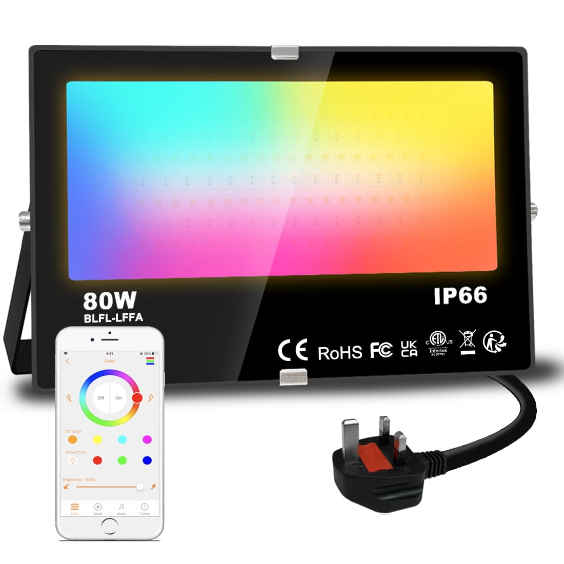 Lighting master LED Floodlight 80W Equivalent 8000LM, Smart RGB Flood Lights Outdoor with APP Control, Colour Changing + Warm White, Timing - Scene - Garden Lighting, IP66, UK Plug（1 Pack