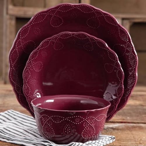 The Pioneer Woman Cowgirl Lace 12-Piece Dinnerware Set Plum in
