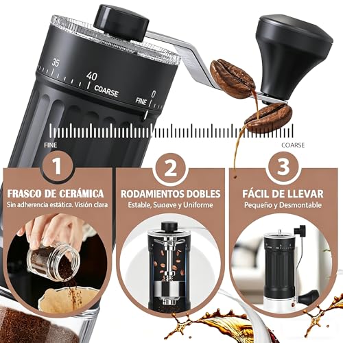 Molinillo de Café Manual Grosor Ajustable,Molinillo de Café 40 Ajustes Ajustables,Coffee Grinder Portátil con Tarros de Cristal para Coffee Grinder Portátil Ideal uso Doméstico Campamento (Negro)