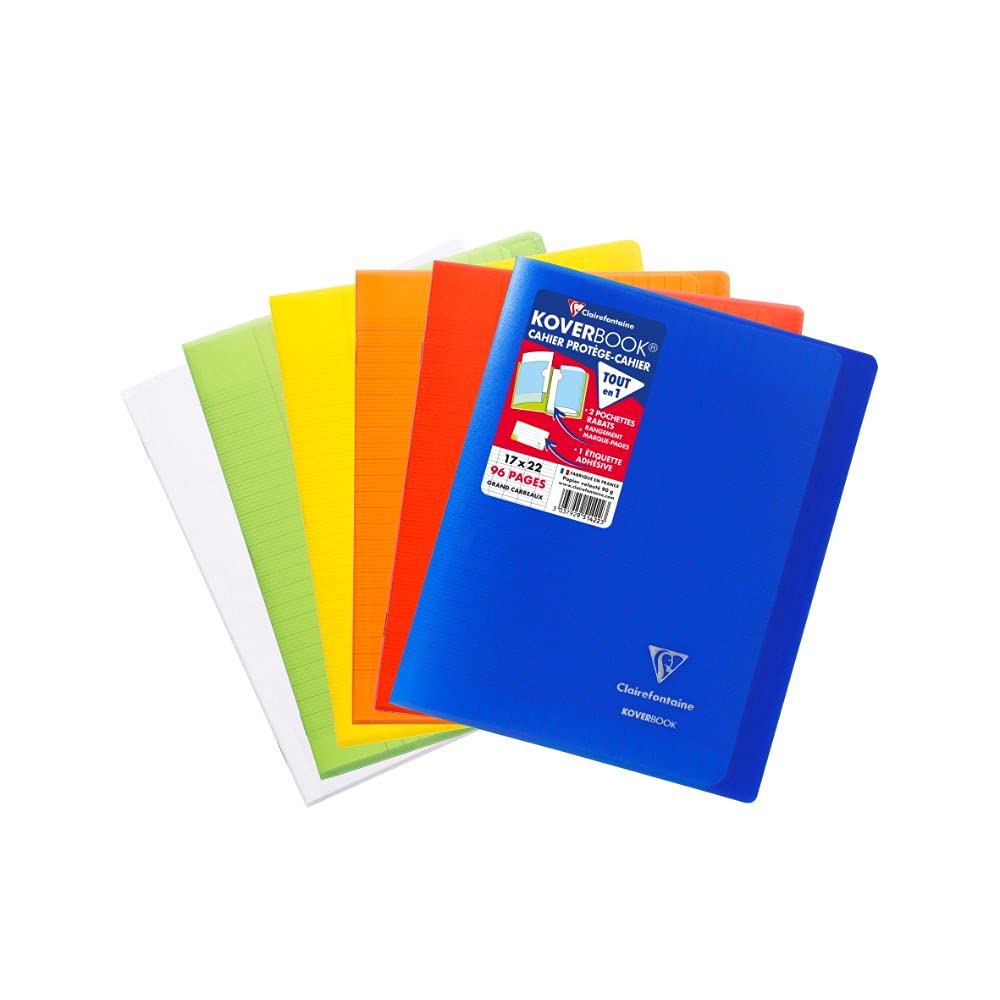 Clairefontaine 951460AMZC Set of 6 Koverbook Stapled Notebooks - 17x22cm - 96 Seyes Ruled Pages - 90g - Ast Polypro Covers (Blue,Green,Red,Yellow,Orange,Clear)
