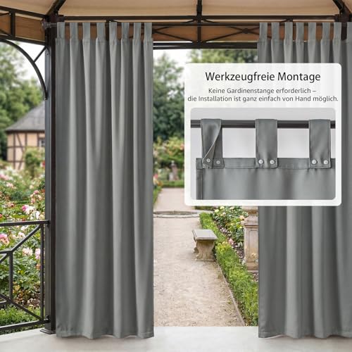 TOPICK Outdoor Curtain Weatherproof Sun Protection Curtains with Loops Opaque Living Room Balcony Door Curtain Outdoor Curtains H 215 x W 132 cm Set of 2 Water-Repellent for Balcony Gazebo Light Grey