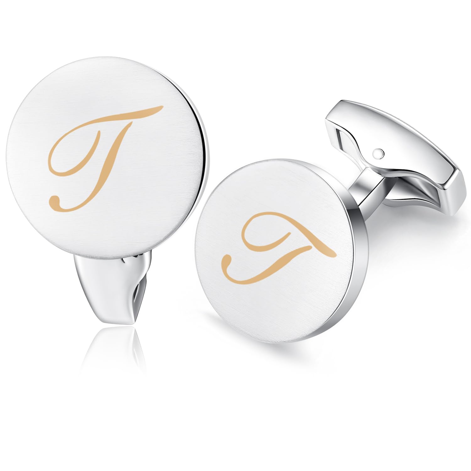 HONEY BEAR Initial Alphabet Letter Cufflinks for Men, Silver Round Shape Wedding Business Gifts A - Z (One pair T)
