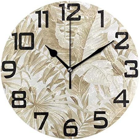 DOPKEEP Alfresco Taupe Palm Leaf Wall Clock Non-Ticking Oil Painting Quotes Round Acrylic Decorative Indoor Kitchen Clock,Battery Operated Clocks