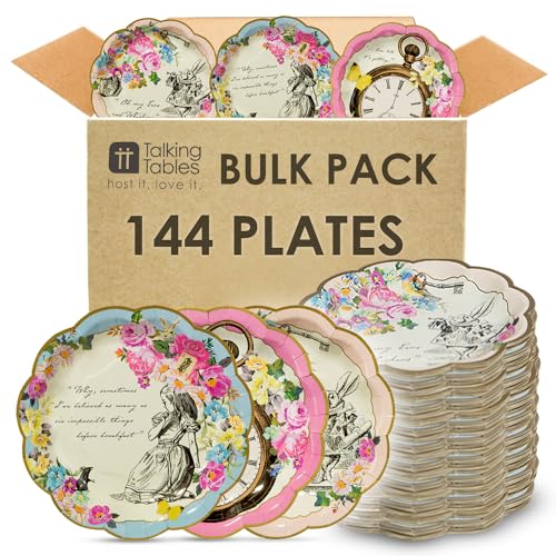 Talking Tables 144 x Alice in Wonderland Themed Bulk Disposable Paper Plates, Supplies for Mad Hatter Tea Party Table Decorations Birthday, Baby Shower, Mothers Day, Pink, Size 8.5’ - 22cm