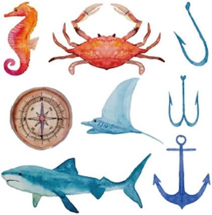 Set of 2 Waterproof Temporary Fake Tattoo Stickers Watercolor Blue Whale Anchor Ocean Crab Design