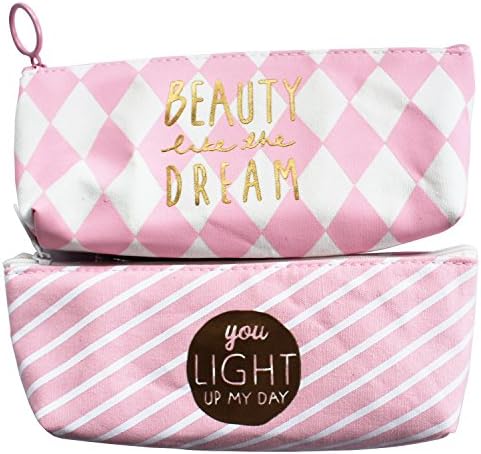 Summerose Light Pink Gold Canvas Slanted Striped Diamonds Pencil Case Makeup Bag Coin Pouch (Pack of 2)
