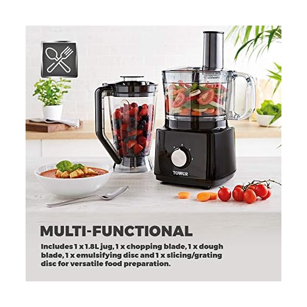 Tower-T18007BLK-Food-Processor-and-Blender-with-2L-Mixing-Bowl-18L-Jug-2-Speed-Settings-and-Pulse-Function-750W-Black-Plastic Tower T18007BLK Food Processor and Blender with 2L Mixing Bowl, 1.8L Jug, 2 Speed Settings and Pulse Function, 750W…
