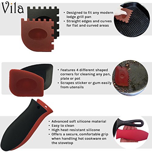 Pan Scraper --- 6-in-1 Pack Kitchen Solution - 100% Silicone Hot Handle Holders - Sticker & Gum Remover - Durable & Flexible Plastic Material - Fits Curved & Flat Corners - Multi Usage - Red & Black - Thumbnail 2
