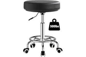 LIMKOMES Adjustable Rolling Stool with Wheels Heavy Duty 500lb Round Rolling Stool with Footrest, Patent Leather Drafting Stool Chair with Wheels Work Spa Salon Seat, Black
