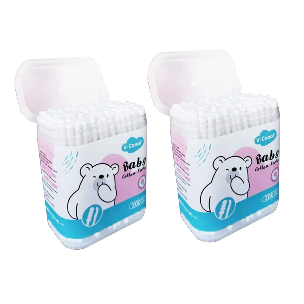 400pcs Baby Safety Cotton Buds with Large Tips for Newborn, Babies, Kids, Children, 100% Organic Cotton, White Paper Sticks, 2 Pack of 400 Buds Total (White)