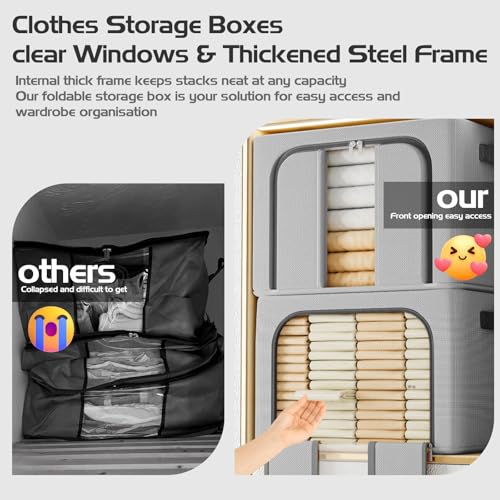 Resszo Lot of 2 Rigid Wardrobe Boxes 66L, 50x40x33CM Clothes Boxes with Metal Frame, Oxford & Double Window/Zip, Space Saving Closet Containers, Grey