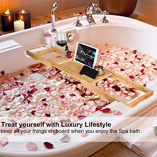 Bathtub Tray Caddy,Bamboo Bathtub Caddy Organizer with Wine Glass and Book Reading Holder ipad Adjustable Extending Sides,Bath Tray Table Accessories for Tub Shower,Free Soap Holder,Extra Wide Board - Thumbnail 6
