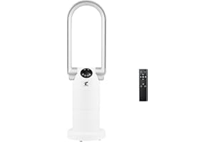 OCEAN LOONG Bladeless Tower Fan &1500W Space Heater for Home Office Bedroom, Eco Ceramic Heater with Adjustable Thermostat, Oscillating Tilt Head, Remote, Timer, Table Fan 2024 New (White, Medium)