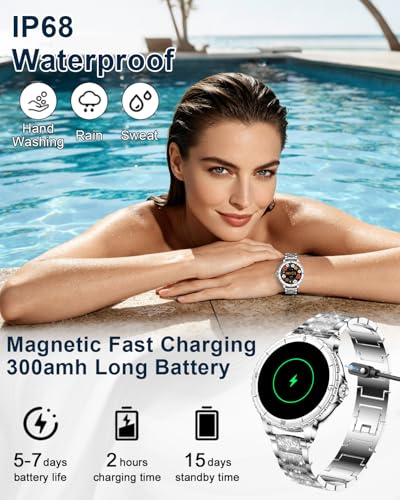 Reloj Inteligente Mujer con Llamadas, 1.27'' Smartwatch Mujer con Correa de Diamante, Compatible con Android/iOS, IP68 Impermeable Smart Watch Redondo con Monitor Sueño Pulsometro Sangre Presión Plata