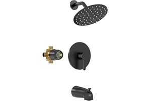 Kurpot Tub Shower Faucet Set, 8 Inch Matte Black Shower Head and Handle Set, High Pressure Bathtub Shower Faucet with Valve, Tub Spout and Trim Kit, Bathroom Shower Faucet Sets Complete, Black