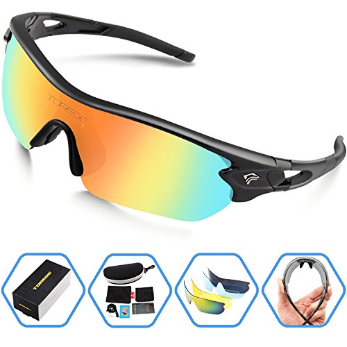 Torege Polarized Sports Sunglasses With 5 Interchangeable Lenes for Men Women Cycling Running Driving Fishing Golf Baseball Glasses TR002 (Black&Rainbow lens)