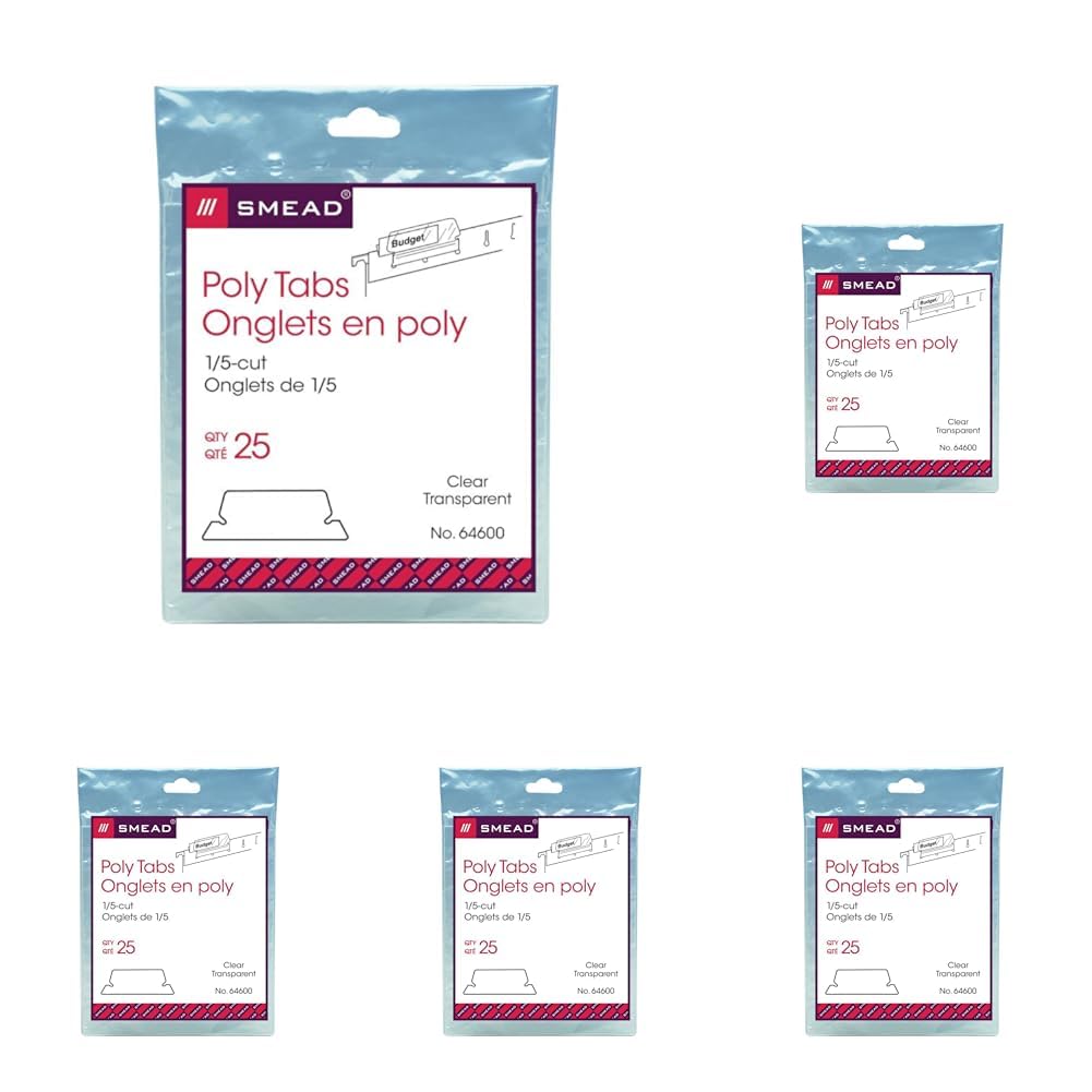 Smead Poly Tab 1/5 Cut Tab, Clear, 25 Per Pack (64600) (Pack of 5)