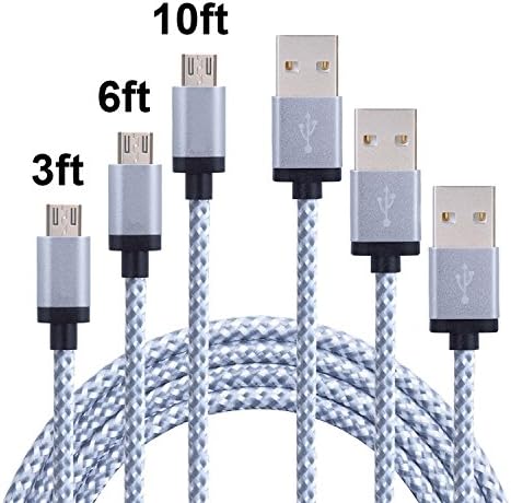 AOSON Micro USB Cable [3Pack] Braided Fast Charger Cordsfor Samsung USB Cables/Android Cables - Micro USB Charging Cables for Galaxy S7/S6/S5,Note 5/4/3,HTC,LG,Nexus Sony (3ft 6ft 10ft Silver)