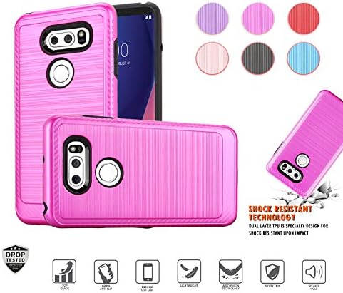 LG V30 Case, LG V30 Plus Case, Metallic Brushed Design Slim Hybrid [Shockproof] Dual layer Armor Hard TPU Defender Protective Case Cover (Hot Pink)