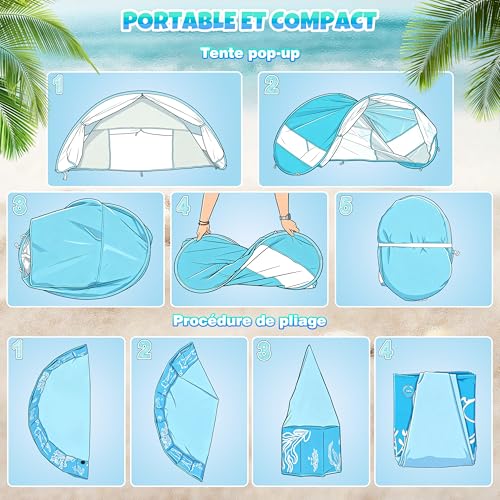 colmanda Baby Swimming Pool with Sun Shade 4 in 1 Large, 120 x 30 cm Baby Beach Tent Anti UV SPF50+ with Awning, Beach Pool, Foldable Ball Pool, Portable Beach Tent for Garden Beach