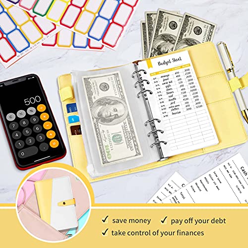 Classeur A6 en PU Cuir, TAOPE Housse de Cahier 6 Anneaux Remplissable avec 12 Pochettes Transparentes à Fermeture Éclair Pour La Budgétisation De L\'argent Enveloppes Économiser Organisateur - Jaune
